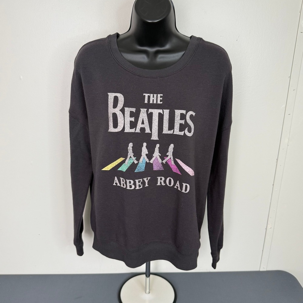 The Beatles Sweatshirt Womens Medium Abbey Road Graphic Glitter Pullover Black